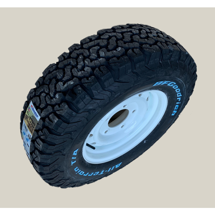 235/85R16 BF Goodrich All Terrain T/A KO2 Tyre Fitted and Balanced on 16x6.5 White Wolf Wheel - Writing on the Outside