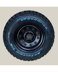 235/70R16 BF Goodrich All Terrain T/A KO2 tyre fitted and balanced on 16x8in Black Disco 2 / P38  Modular Wheel - Writing on the Outside  - WHEEL CURRENTLY OUT OF STOCK - DUE EARLY 2022