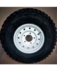 255/85R16 BF Goodrich Mud Terrain T/A KM3 tyre fitted and balanced on 16x6.5" White Wolf Wheel