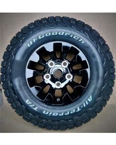 235/85R16 BF Goodrich All Terrain T/A KO2 tyre fitted and balanced on 16x7in Sawtooth Style Black Alloy Wheel (inc. nuts and centre caps)(Writing on the Outside)  - TYRE CURRENTLY OUT OF STOCK - NO DUE DATE 