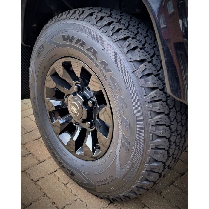 235/85R16 Goodyear Wrangler A/T Tyre Fitted and Balanced on 16x7in Sawtooth  Style Alloy Wheel Black (Inc nuts and centre caps) (Writing on the Inside)  - TYRE CURRENTLY OUT OF STOCK - NO